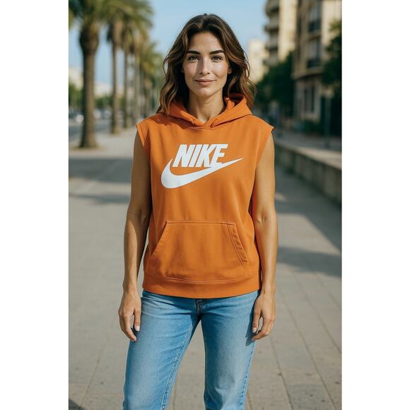 Nike Unisex Sleeveless Hoodie M Medium Orange Kangaroo Pocket Light Fleece - Picture 1 of 9